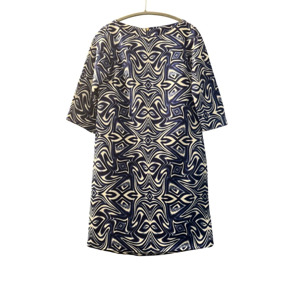 Blue & White Abstract Print Shift Dress With 3/4 Sleeves & Back Zipper Closure